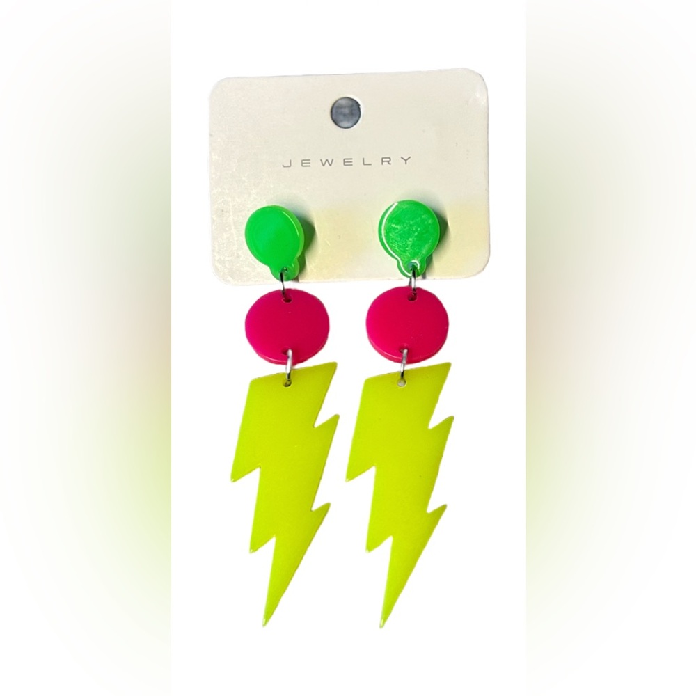 Neon Lightning Bolt Drop Earrings - Pink & Green
